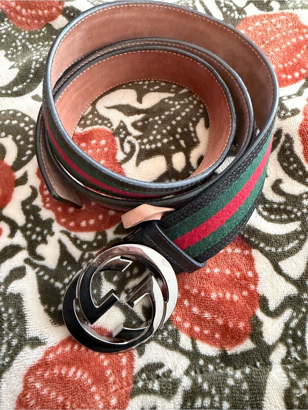 Gucci  Green and Red Web Leather Belt with Silver Double G Buckle